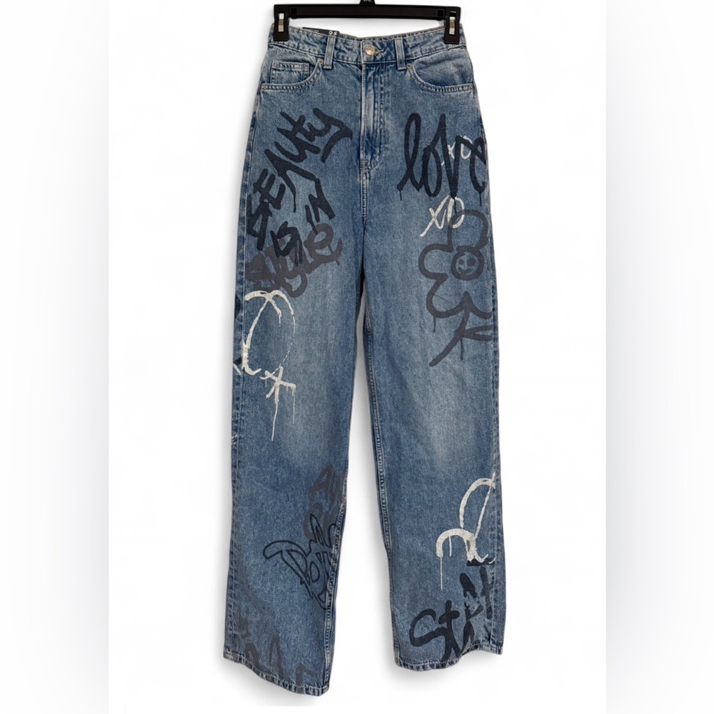 Divided Blue High Rise Women Jeans with Graffiti Design